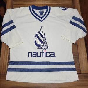 Nautica LS Cream & Navy Sailboat Jersey - Size Large